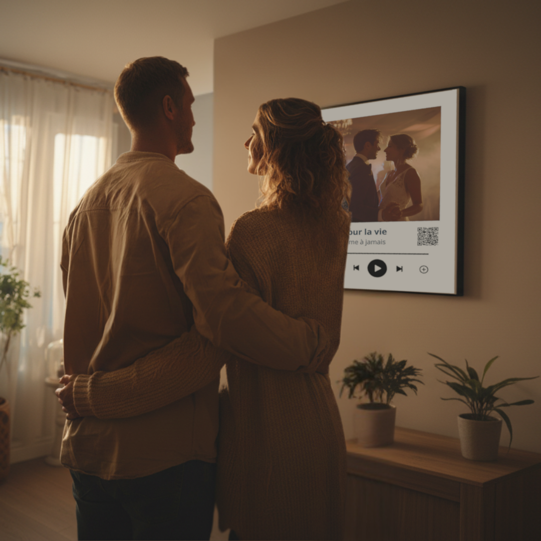 Couple devant le cadre tailortune avec QR Code